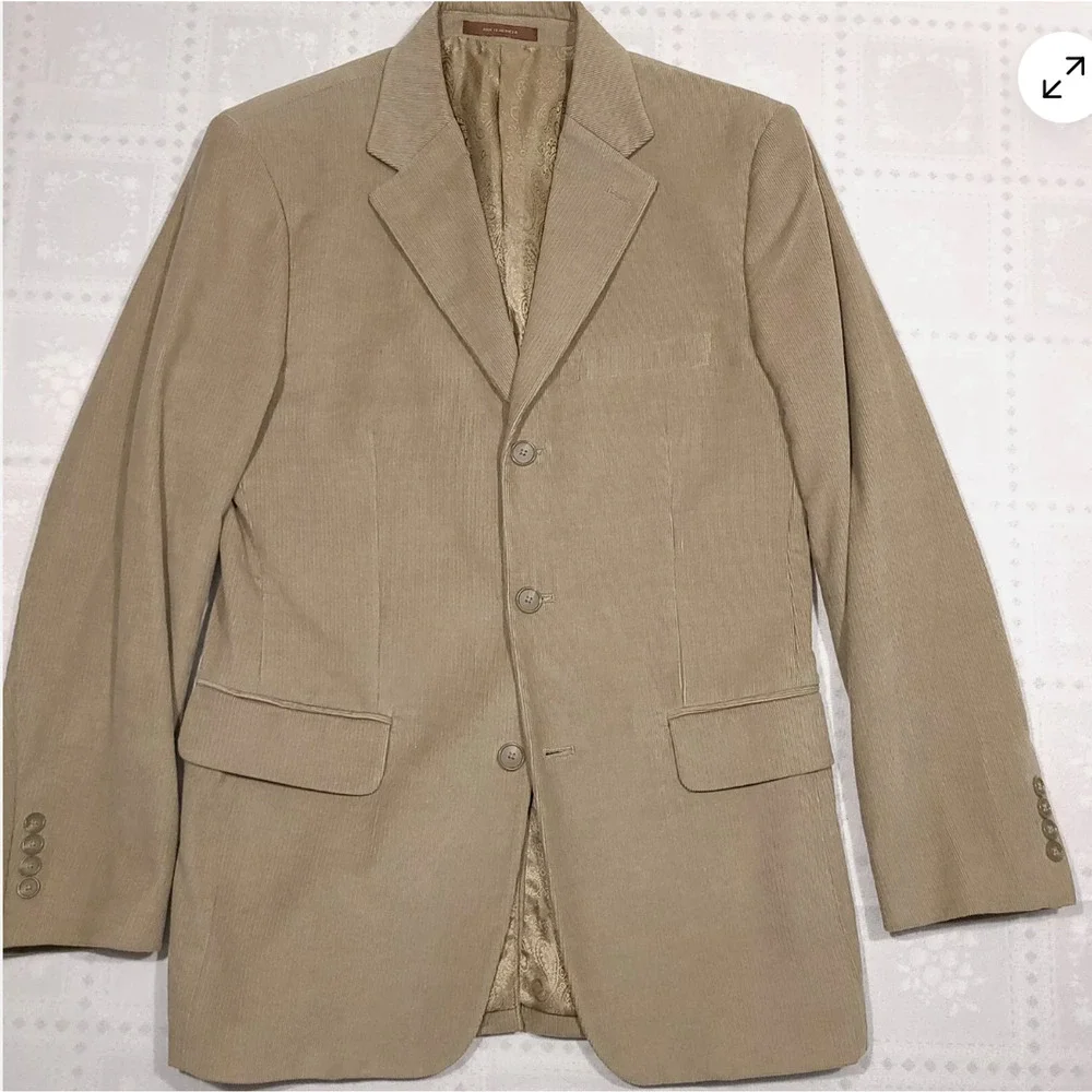 TASSO ELBA Sport Suit Coat Blazer Mens Tan Corduroy Three Button Cotton LARGE